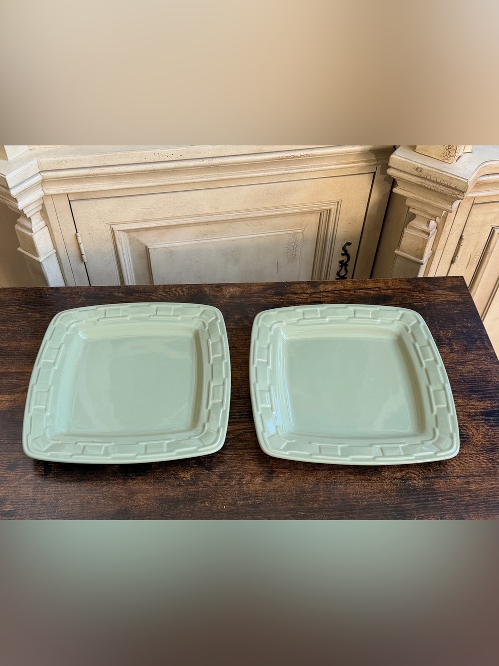 2 Sage Green Longaberger Pottery 11” Dinner Plates EUC